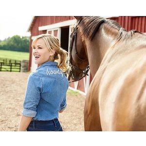 Draper James HOWDY denim button down shirt💙size 8💙preppy dolly parton